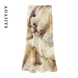 Aoaiiys Long jupe femme haute taille midi sirène 2024 Tie Dye Print Satin Office jupes Vintage Party Slim Elegant 240508