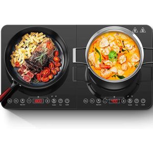Aobosi Double induction Trup de cuisson - cuisinière portable avec 2 brûleurs, contrôle indépendant, corps ultraminal, 10 réglages de température, 1800W, 4 heures de minuterie, niveaux de puissance multiples