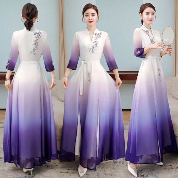 Aodai imprimé fleuri Robe de soirée de mariage femmes Style chinois Cheongsam 3/4 manches violet élégant Robe Qipao mousseline de soie Robe coréenne