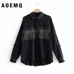 Aoemq nieuw herfstseizoen dunne jassen zwarte kleur met knop gedrapeerde tassel high street punk coole meisje jassen voor vrouwen t200106