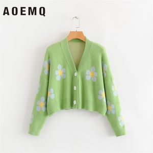 Aoemq vrouwen vest vrouwelijk truien schattig licht groen symbool leven vintage trui lente truien met bloemenprint vrouwen tops 200924
