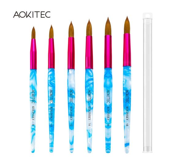 Aokitec – brosse à ongles en acrylique, poils Kolinsky, manche bleu tourbillon blanc avec virole rose, forme ronde 6715125