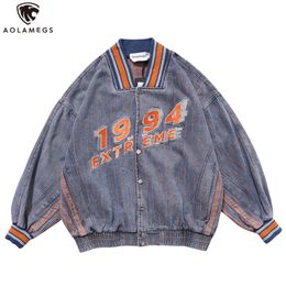 Aolamegs Baseball Denim Jacket Mannen Single Breasted Striped Print Bomber Jacket Herfst Retro Harajuku College Style Mannen Kleding 201218