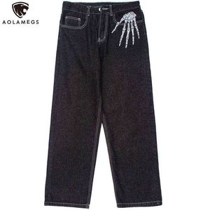 Aolamegs Gothique Crâne Squelette Broderie Jeans Hommes Punk Mode High Street Casual Droite Noir Denim Pantalon Streetwear 0309