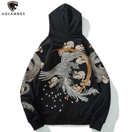 AOLAMEGS Heren Fleece Hoodies Japans Hooded Sweatshirt Dragon Phoenix Borduurwerk Herfst Retro Casual Pullover High Street Tops 220402