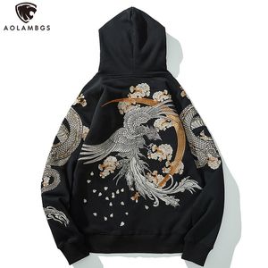 AOLAMEGS Heren Fleece Hoodies Japans Hooded Sweatshirt Dragon Phoenix Borduurwerk Herfst Retro Casual Pullover High Street Tops Y1112