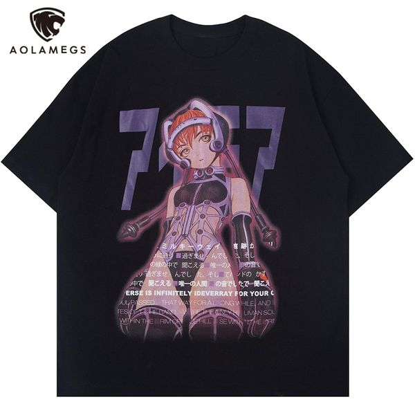 Aolamegs Tee-shirts pour hommes Sexy Manga Girls Kanji Imprimer Anime Summer Baggy College Style Tops Mode Otaku Streetwear 210706