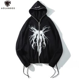 Aolamegs Punk Grafische afdruk Zipper Ribbon Hoodie Hoodie Men Casual Black Cool Oversize Coat Fashion Sweatshirt Streetwear Autumn 220715