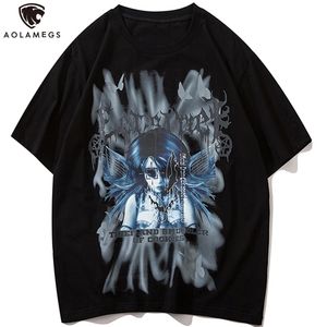 AOLAMEGS T-shirt Men Gothic Anime Cool Girl Punk Letter Imprimer Tee Tops O-Neck Baggy Vintage Hipster High Street Style Streetwear 220509