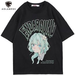 Aolamegs T-shirt Hommes Vert Cheveux Fille Dessin Animé Anime Imprimé O-cou Streetwear Japonais Harajuku Mode Tops Hommes Vêtements D'été 220507