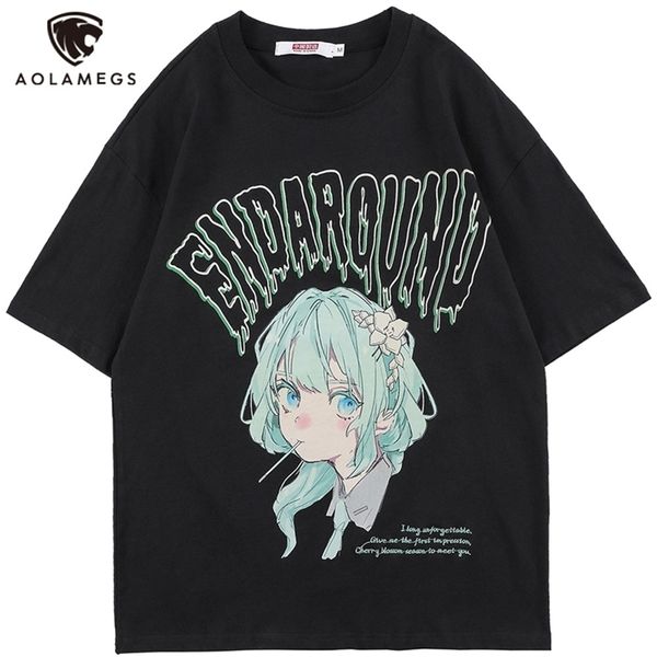 Aolamegs T-shirt Hommes Vert Cheveux Fille Dessin Animé Anime Imprimé O-cou Streetwear Japonais Harajuku Mode Tops Hommes Vêtements D'été 220408