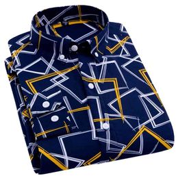 Aoliwen merk mannen lente herfst marine blauw geel en wit gedrukt shirt casual anti rimpel comfortabele lange mouw slanke shirts 210809