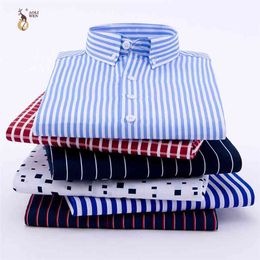 Aoliwen marque hommes rayures imprimé plaid chemise décontractée pour manches longues sans poche coupe ajustée Anti-rides automne chemises 210721