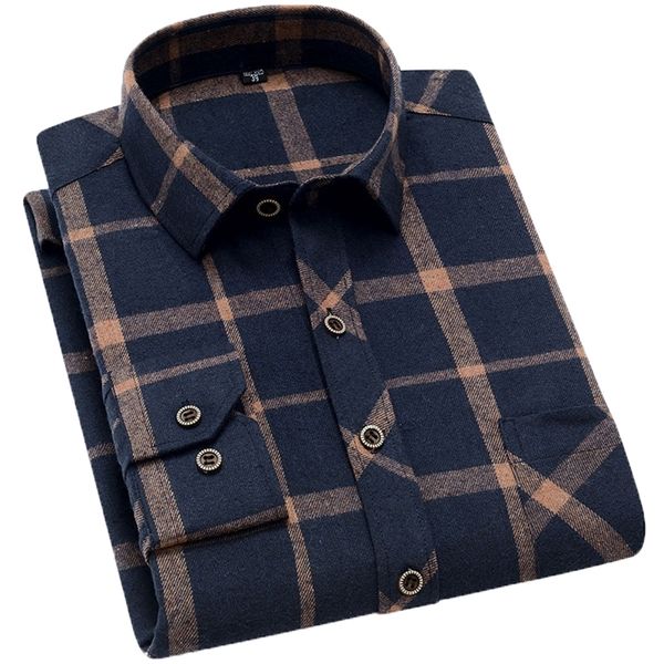 Aoliwen marca hombres amarillo negro cuadros cepillado camisa de manga larga bolsillo primavera casual camisas de los hombres franela algodón suave ajuste 220215