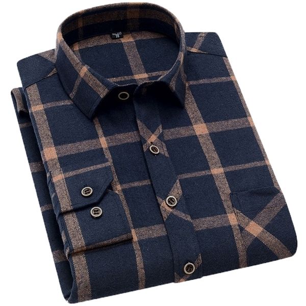 Aoliwen marca hombres amarillo negro Plaid cepillado camisa de manga larga bolsillo primavera casual hombres camisas franela algodón ajuste suave 220401