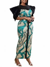 Aomei elegante impreso LG Dres mujeres volando capa manga O cuello encaje patchwork fiesta de noche africano vestidos femeninos más tamaño f8JX #