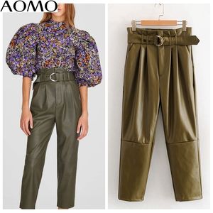 AOMO 2020 Femmes Pantalon en cuir PU vert avec fermeture éclair Blet Femme Pantalon taille haute Pantalon LJ201029