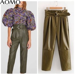 AOMO femmes pantalon en cuir PU vert avec fermeture à glissière blet femme taille haute pantalon HY37A 201228