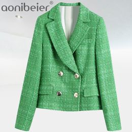 Aonibibeier Fashion Simple Green Plaid Tweed Klep Double-Breasted Contited Blazers Vrouwelijke Engeland Stijl Zakken Korte Jassen