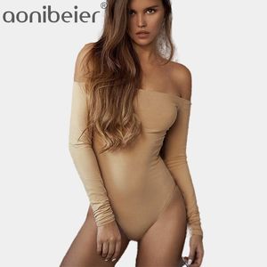 Aonibeier Sexy Hors Épaule Bodys One-piece Femmes Barboteuses Femmes Combinaison Noir Blanc Casual Slim Femme À Manches Longues Combishort 210306