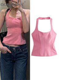 Aonibeier Summer Mujeres Top de cultivo TRAF bajo Collar sin mangas Side Backless Side Slim Halter Cuella Femenina Y2K Pink 240326