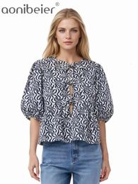 Aonibeier Y2K Blusa estampada para mujer Traf Summer Bow LaceUp Hollow Out Puff Sleeve Slim Short Shirt Mujer Crop Top Street 240322