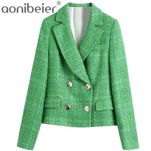 AONIBEIER ZA Simple Green Plaid Tweed Pak Set Gemonteerde Blazers Vrouwelijke Engeland Stijl Zakken Korte Pant Jassen Urban Outsuits 211006