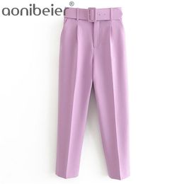 Aonibeier Za Mulher Carreira Calça Office Lady Traf Calças Retas Cinto Casual Tornozelo Comprimento Mulheres Calças Oem Feminino Terno Conjuntos 210915