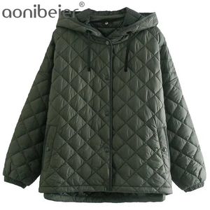 Aonibeier Za Femme Casual Traf Parkas Automne Hiver Mince Style Argyle Matelassé Veste Surdimensionnée À Capuche Lâche Manteaux 211215