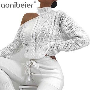 Aonobier White Halter Off Shoulder Sweater Dames Turtleneck Herfst Winter Lange Mouw Pullover Casual Losse Jumper 210604