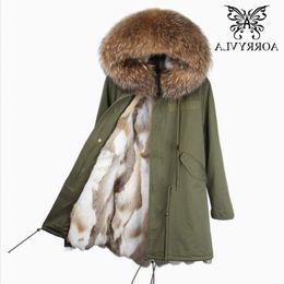 Aorryvla 2017 New Winter Winter Women's Real Fur Parkas Parkas Gran Raccoon Fur Collar con capucha con revestimiento Long Coat 2244