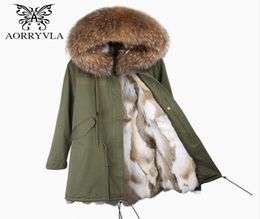 Aorryvla 2017 New Winter Women039s Real Fur Parkas Parkas Gran Raccoon Fur Collar con capucha con revestimiento Long7411503