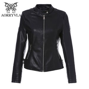 Aorryvla otoño chaqueta de cuero para mujer negro pu cuero moto biker chaqueta mandarín corto femenino imitación cuero outwear 201030