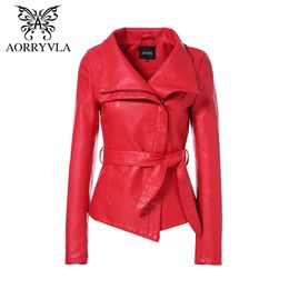 AORRYVLA nouveau printemps femmes veste en cuir couleur rouge col rabattu courte longueur mince Style mode Faux cuir veste 210201
