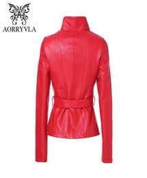 Aorryvla New Spring Women Chaqueta de cuero Rojo Collar de cuello de longitud corta Fashion Fashion Faux Leather Jacket 2020 LJ2015873720