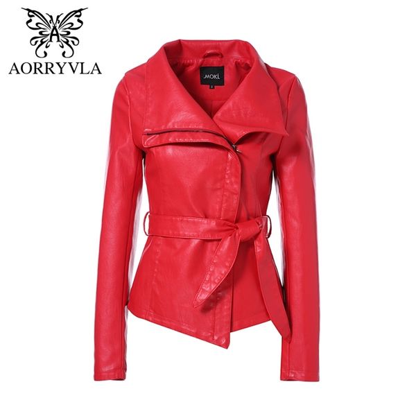 AORRYVLA nouveau printemps femmes veste en cuir couleur rouge col rabattu courte longueur mince Style mode Faux cuir veste 201226