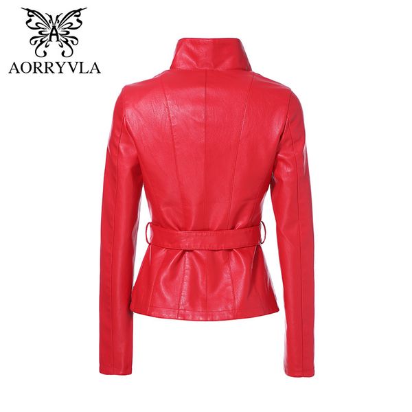 AORRYVLA, nueva chaqueta de cuero de primavera para mujer, color rojo, cuello vuelto, longitud corta, estilo delgado, chaqueta de cuero de imitación a la moda 2020 LJ201127