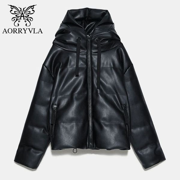 AORRYVLA Chaqueta de invierno para mujer Abrigos de cuero de PU con capucha negra Cremallera de longitud corta Famale Casual Parkas de algodón Venta caliente 201020