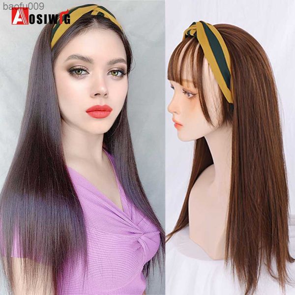 AOSIWIG, peluca con diadema sintética, peluca larga recta con Clip para el pelo con diadema para fiesta, Cosplay, pelo falso Natural L230520