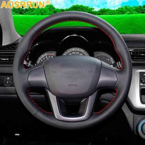 AOSRRUN ACCESSOIRES LEDER LEDER Handembierbegooide Auto stuurwielafdekkingen voor Kia Rio 2011 2013 2013 2014 J220808