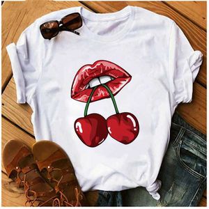 AOWOF Sexy Rode Lippen Cherry Fruit T-shirt Vrouw Verleidelijke Lippenstift T-shirt Mode Kleding Harajuku Top Koreaanse stijl Vrouwelijke X0527