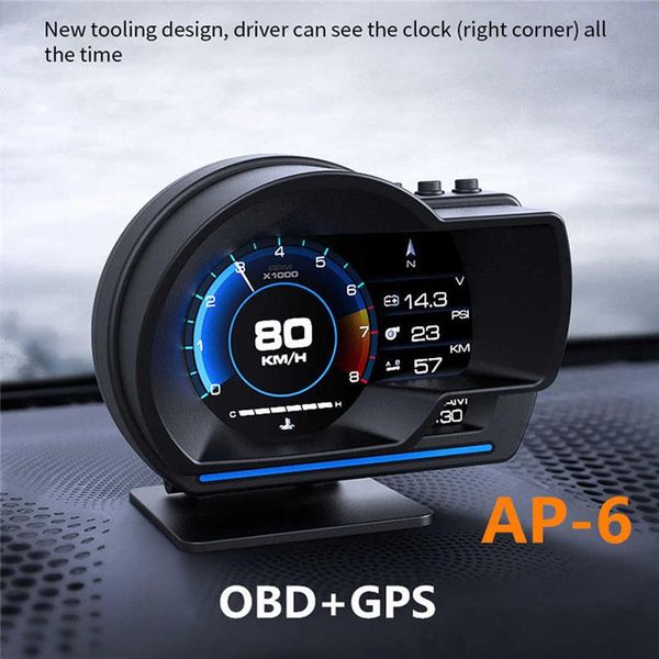 AP-6 HUD plus récent affichage tête haute affichage automatique OBD2 GPS voiture intelligente jauge HUD compteur kilométrique numérique alarme de sécurité WaterOil temp RPM265j