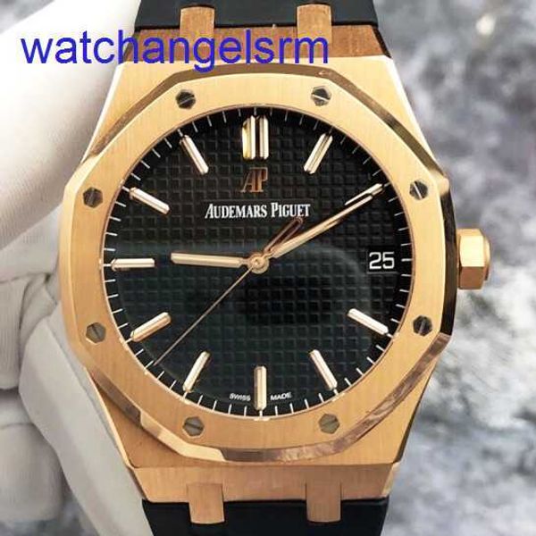 AP Crystal Wrist Watch Royal Oak Series 15500or Negro con correa de goma Machinaria automática de oro de rosa de 18 km