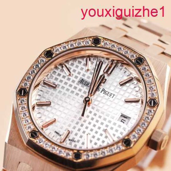 AP WRIGE FEME WRIB 77351or Disque blanc Disque extérieur Diamond 18K Rose Gold Royal Oak Womens 34 mm Rose Gold