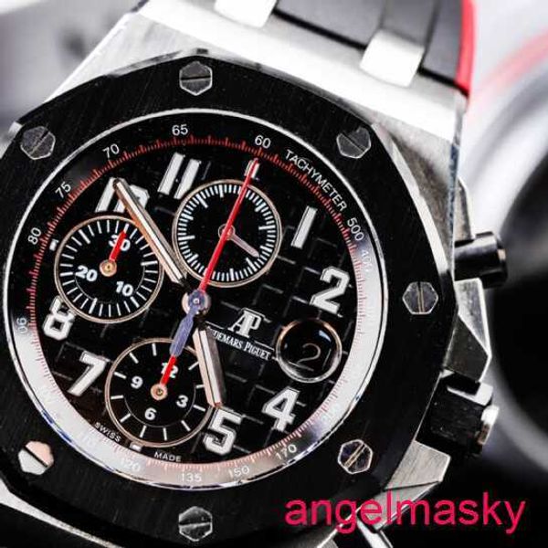 AP Moissanite Wrist Watch Royal Oak AP26470 Matériau en acier inoxydable Nouveau cadran en anneau en céramique avec anneau extérieur 42 mm Timing complexe Black and Red