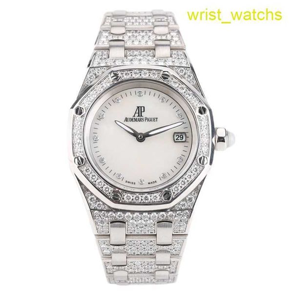 AP Moissanite Wrist Watch Royal Oak Series 18K All White Gold Origin Original Fritillaria Quartz Womens Watch 67602BC 33 mm