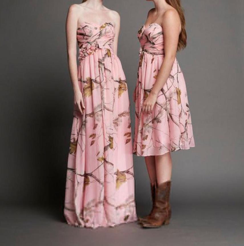 AP roze camo bruidsmeisje jurken Long Chiffon sweetheart halslijn kantup bodice camo bruiloft formele jurken8737132