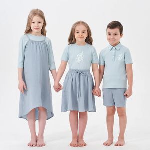 AP Print Muslin Set Kids Boys Girls Spring Summer Cotton Top met shorts Rokken Familie Matching Casual Clothing 240523