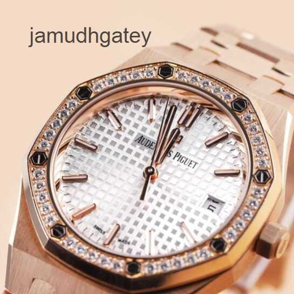 AP Swiss Luxury Watch 77351or Disque blanc Bague extérieure Diamant Or rose 18 carats Royal Oak Femme 34 mm Ensemble complet en or rose