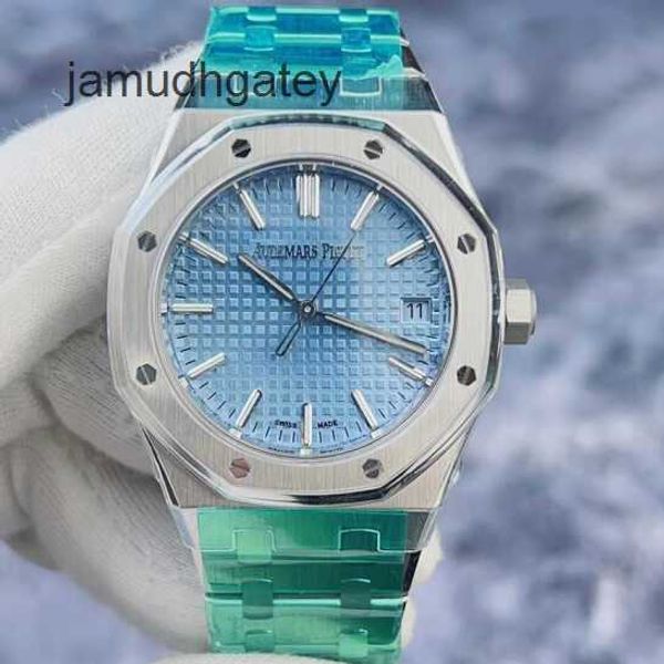 AP Swiss Luxury Watch Royal Oak Series 15550st Ice Blue Plate Precision Steel Montre mécanique automatique pour femme 37 mm Ensemble complet